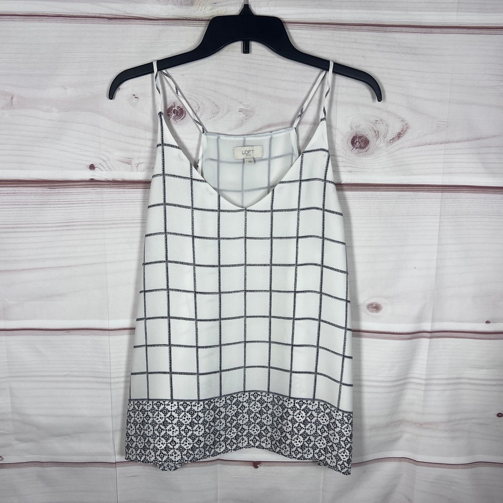 LOFT Cami Tank Top Womens Large White Grid Geometric Medallion Strappy Office